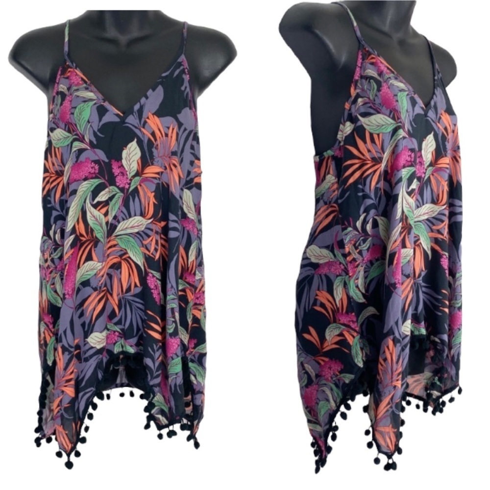 JAPNA Spaghetti Strap Floral Tank Top Pom Pom Trim boho festival summer